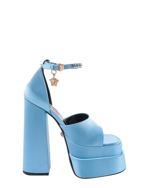 Versace Blue Squared Toe Wide Heel Rhinestones Sandals