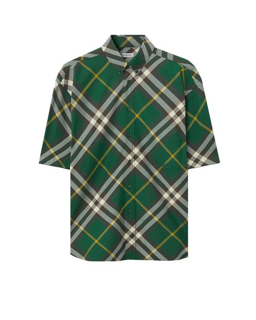 Camicia in cotone con motivo check di Burberry in Green da Uomo