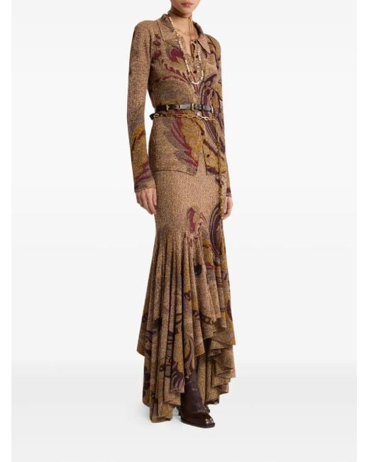 Etro Brown Ribbed Wool Cardigan With Daffodil Motif