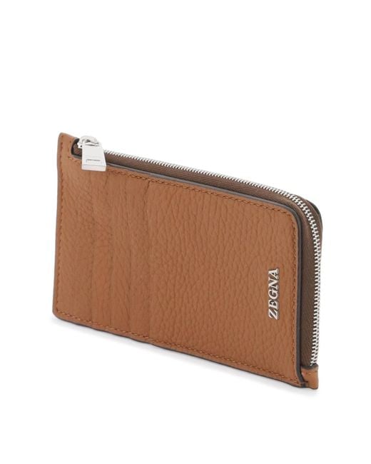 Zegna Brown Grained Leather 10cc Card Holder for men
