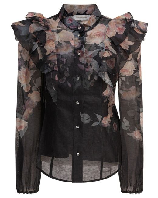 Zimmermann Black Crush Frill-Trim Linen-Silk Blend Blouse