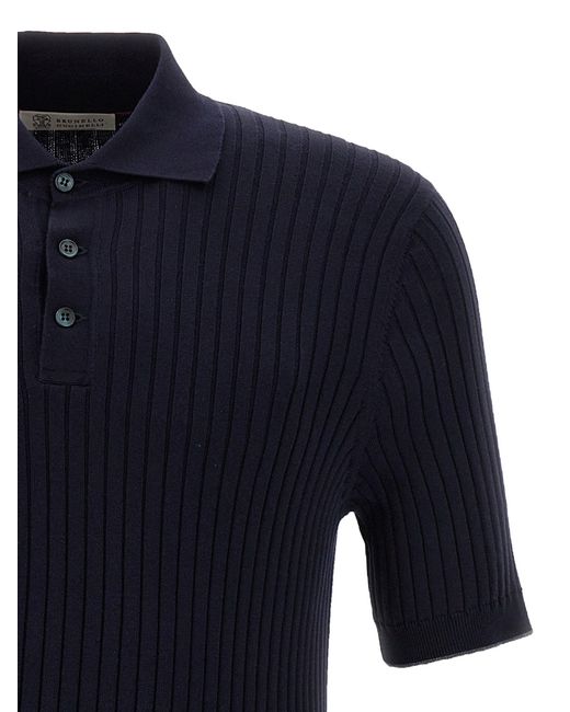 Brunello Cucinelli Blue Ribbed Polo Shirt for men