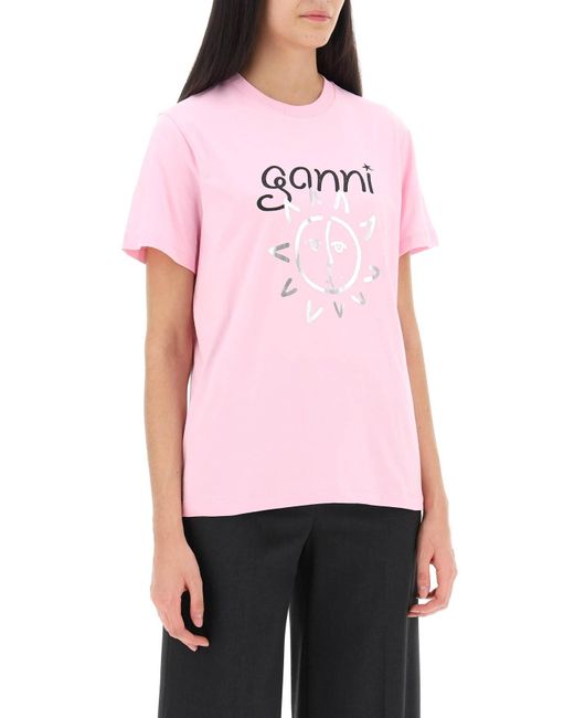 Ganni Pink Crew Neck T Shirt With Print