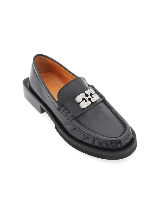 Ganni Black Rhinestone-embellished Block-heel Leather Loafers