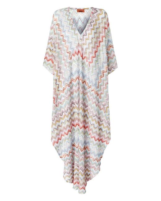 Missoni White Long Kaftan With 3D Zig-Zag Lamé And Batwing Sleeves