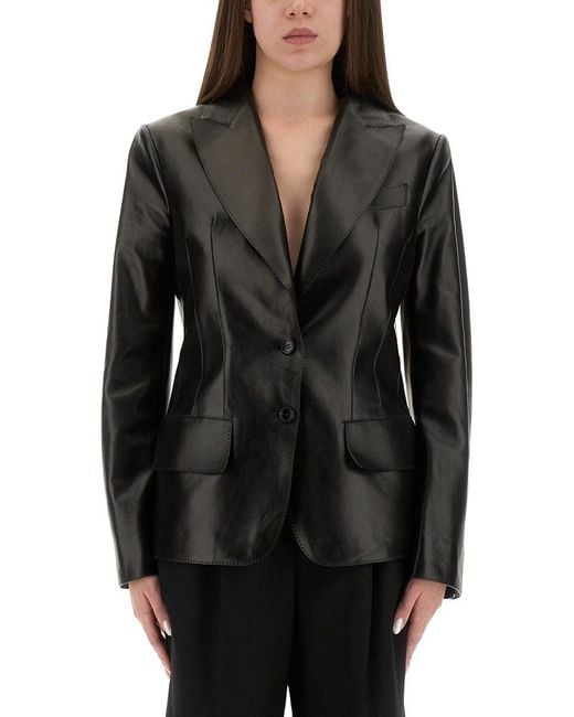 Tom Ford Black Fitted Lamb Leather Jacket With Spear Lapels