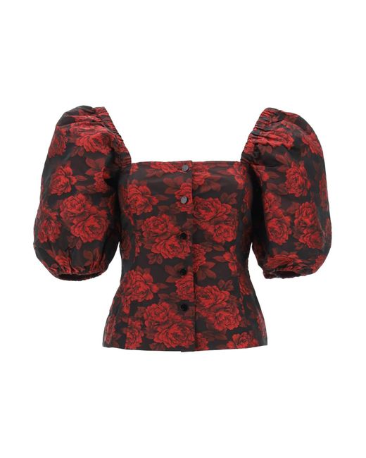 Ganni Red Blouse In Floral Jacquard