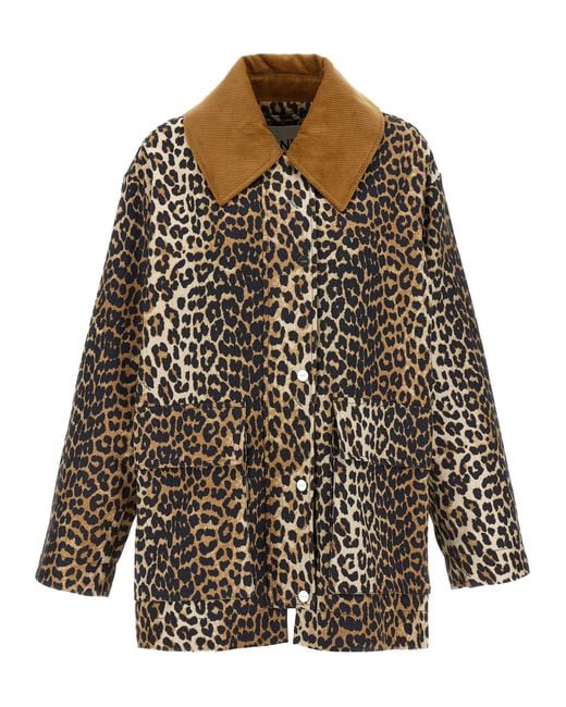 Ganni Brown Canvas Midi Leopard Print Jacket