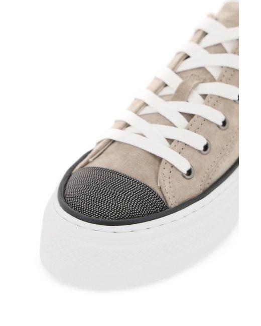 Brunello Cucinelli White Suede Sneakers With Precious Toe Design