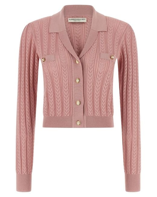 Alessandra Rich Pink Openwork Cashmere Blend Knit Cardigan