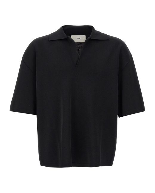 AMI Black V-Neck Polo Shirt With Oversized Fit