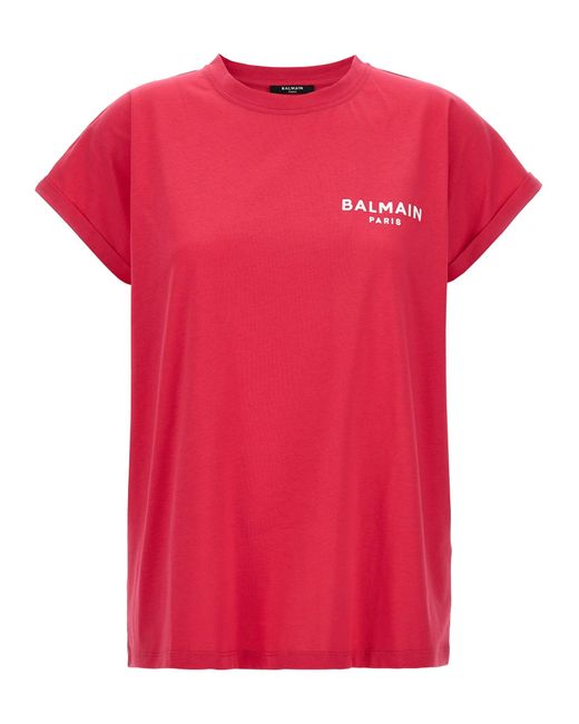 Flocked Logo T Shirt Fucsia di Balmain in Pink