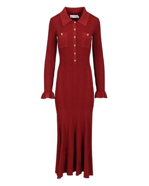 Self-Portrait Red Ribbed Knit Midi Dress Dresses Bordeaux