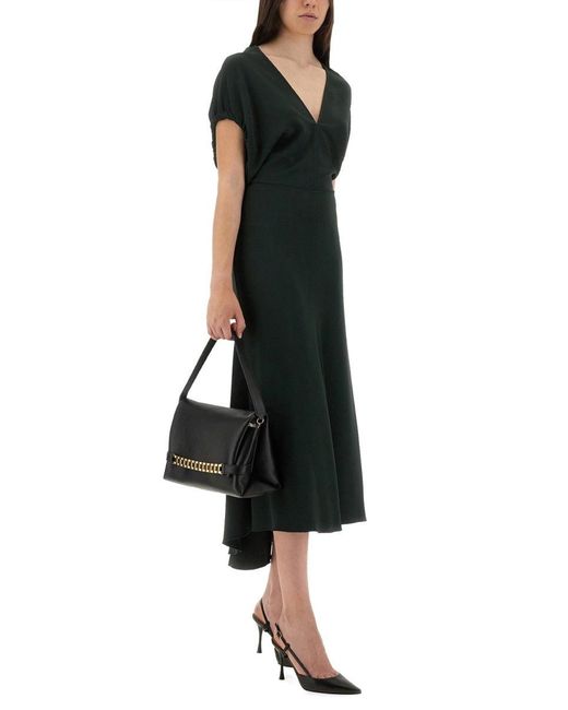 Victoria Beckham Black V-Neck Blouson Midi Dress