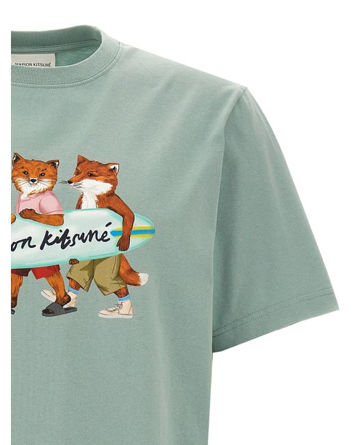Surfing Foxes T Shirt Celeste di Maison Kitsuné in Green da Uomo