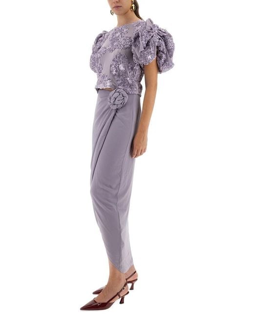 ROTATE BIRGER CHRISTENSEN Purple Asymmetrical Draped Midi Skirt With Gathered Detailing