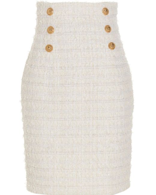 Balmain White Logo Button Tweed Skirt