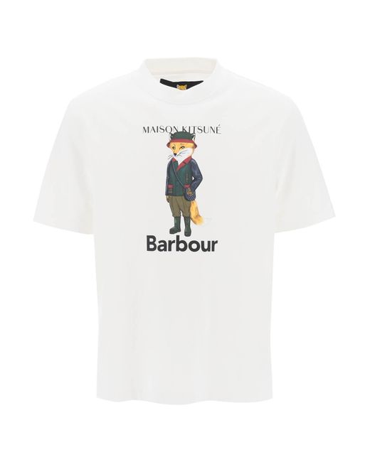 Barbour White Maison Kitsuné Fox Beaufort Crew Neck T Shirt for men