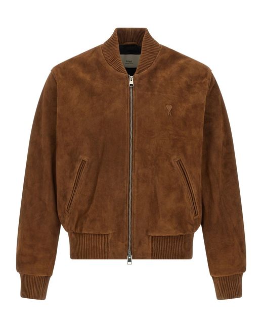 AMI Brown Suede Bomber Jacket Puffer Jackets for men