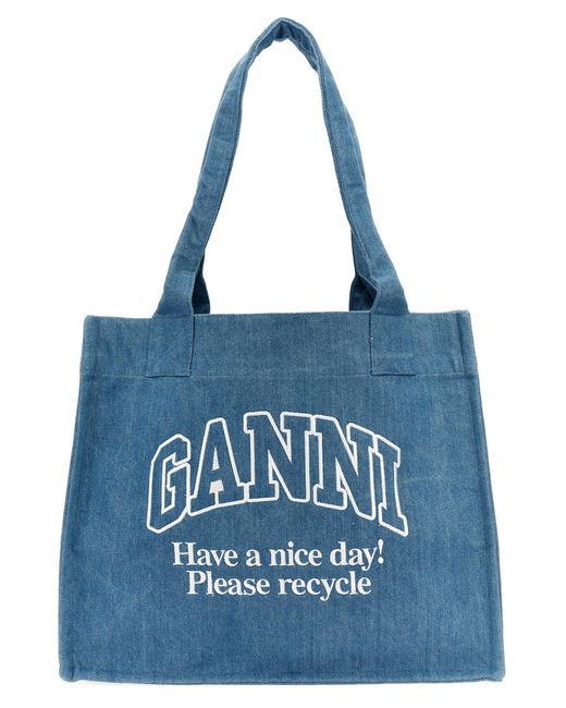Ganni Blue Logo Embroidery Denim Shopping Bag Tote Bag