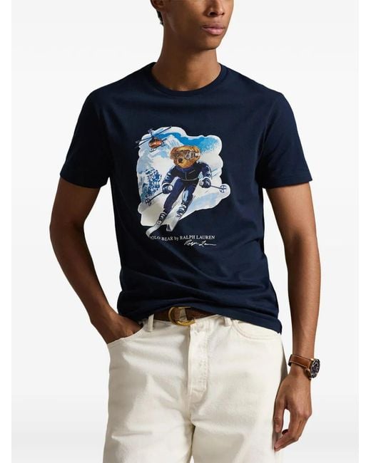 Polo Ralph Lauren Blue Custom Slim Fit Polo Bear Skiing T-Shirt for men