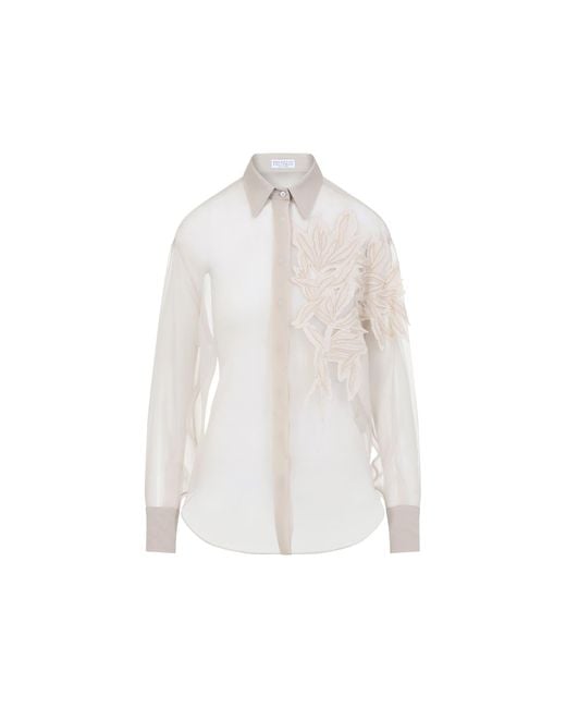 Brunello Cucinelli White Floral-Embroidery Cotton Shirt