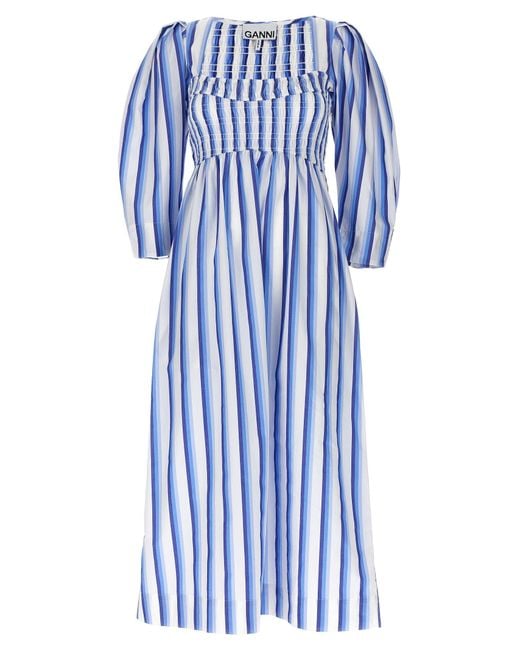 Ganni Blue Striped Smock Stitch Dress