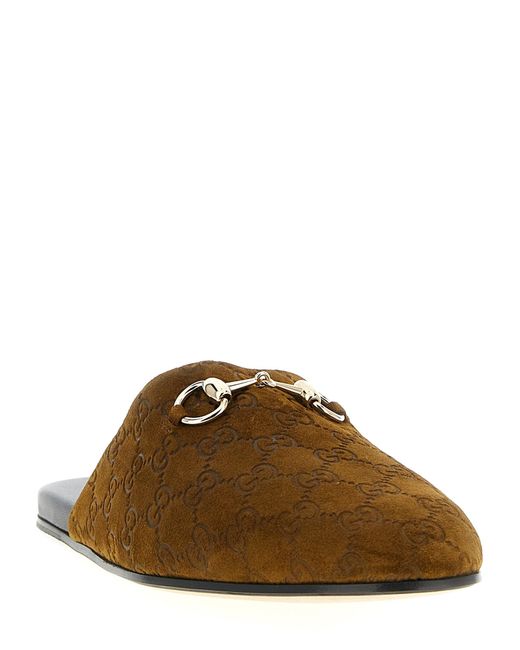 Gucci Brown Sabot Suede Horsebit Flat Shoes for men