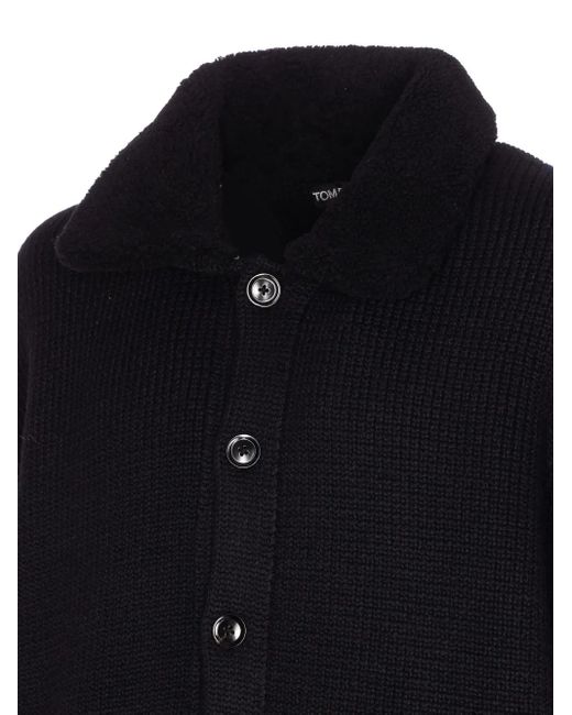 Tom Ford Blue 3-Gauge Pure Cashmere Shearling Collar Cardigan for men