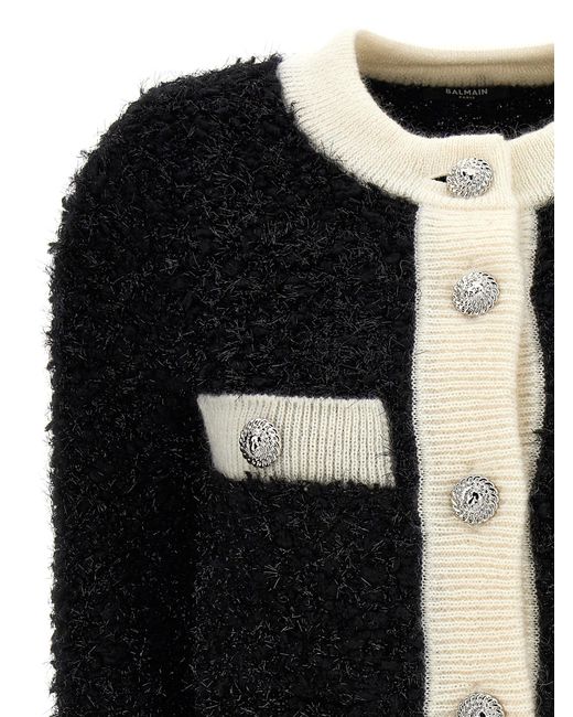 Balmain Black Furry Tweed Cardigan Sweater, Cardigans
