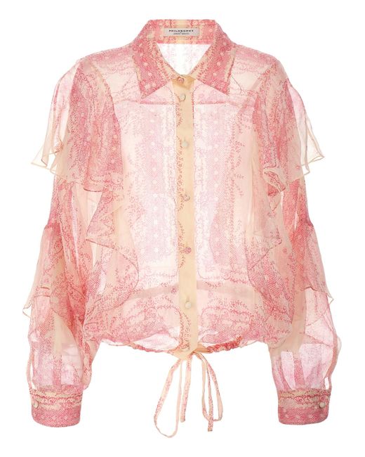 Philosophy Pink Silk Crépon Shirt Ruffles Shirt, Blouse