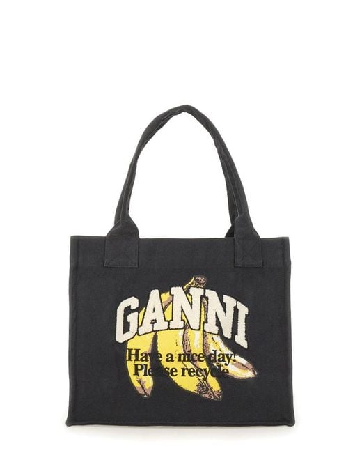 Ganni Black Banana Print Large Tote Bag