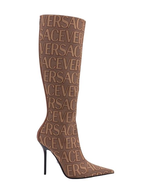 Versace Brown Allover Canvas & Leather Knee-high Boot