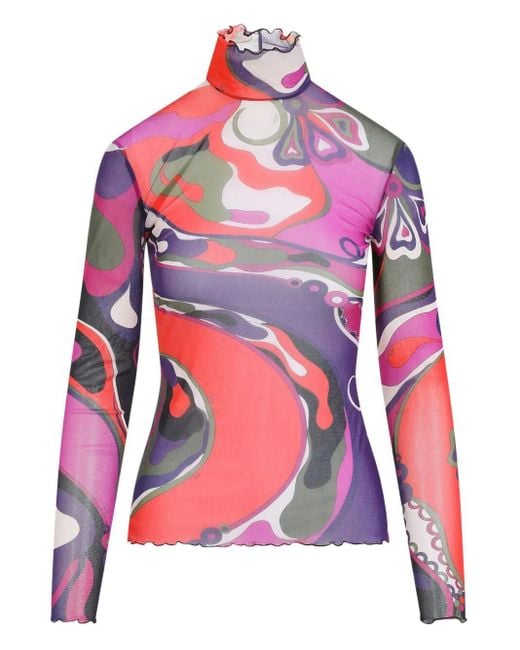 Emilio Pucci Red Abstract-Print Turtleneck Sheer Top