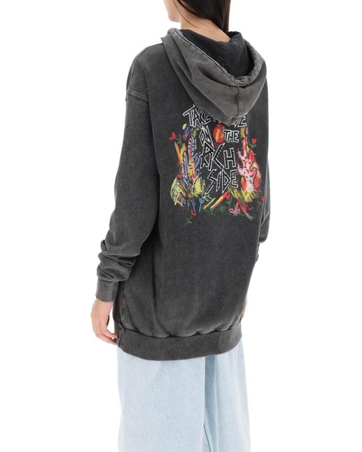 Alessandra Rich Black Oversized Hoodie With Print And Rhinestones
