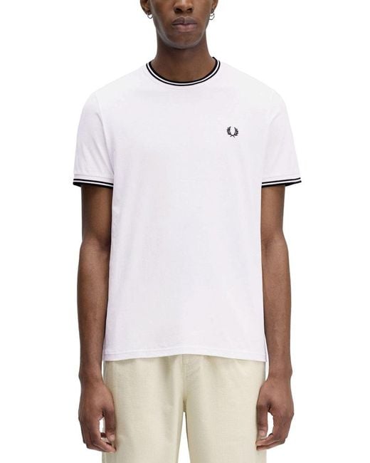 Fred Perry White Double Stripe Tshirt for men