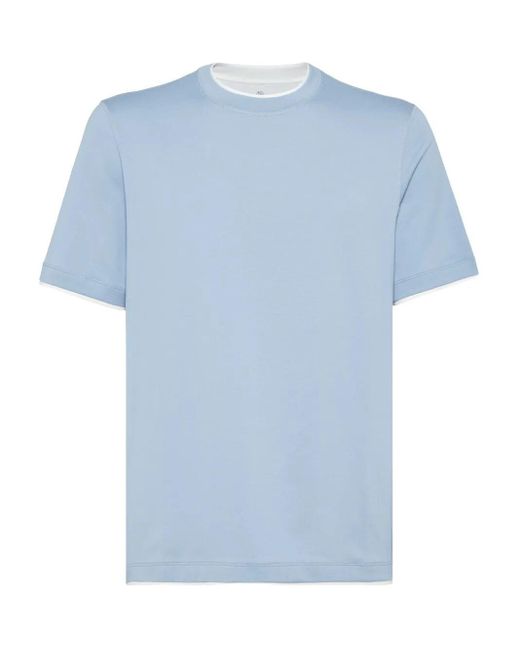 Brunello Cucinelli Blue Cotton Jersey Crew Neck T-Shirt With Faux-Layering for men