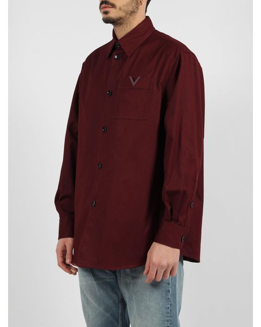 Valentino Garavani Red Rubberised V Detail Stretch Cotton Canvas Shirt Jacket for men