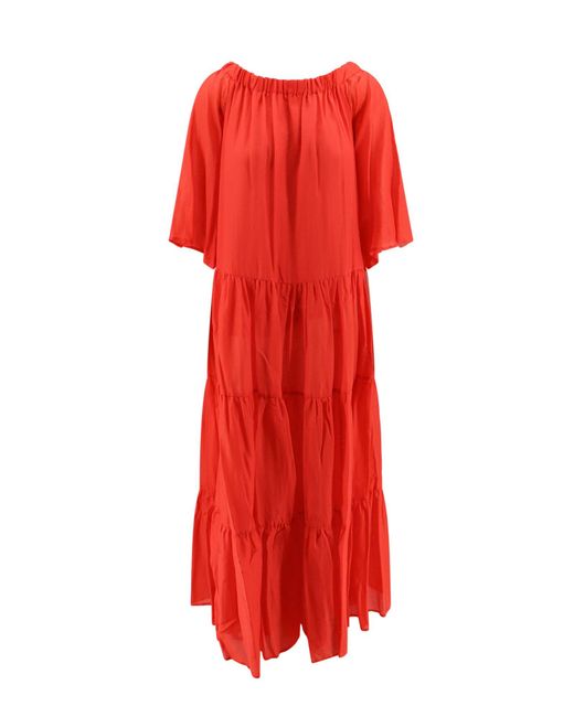 Semicouture Red Cotton And Silk Dress With Flounces