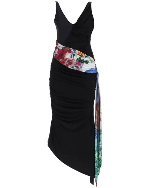 MARINE SERRE Black Dress In Draped Jersey With Contrasting Sash