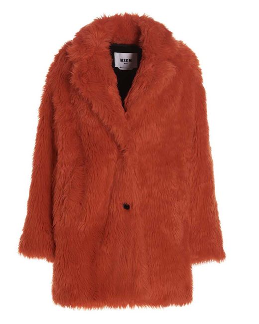 MSGM Red Single Breast Fake Fur Coat