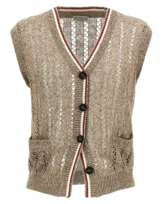 Dazzling Ribbed Net Gilet-Donna di Brunello Cucinelli in Natural