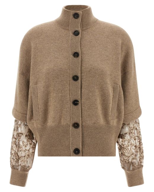 Brunello Cucinelli Brown Sequin Sleeve Cardigan