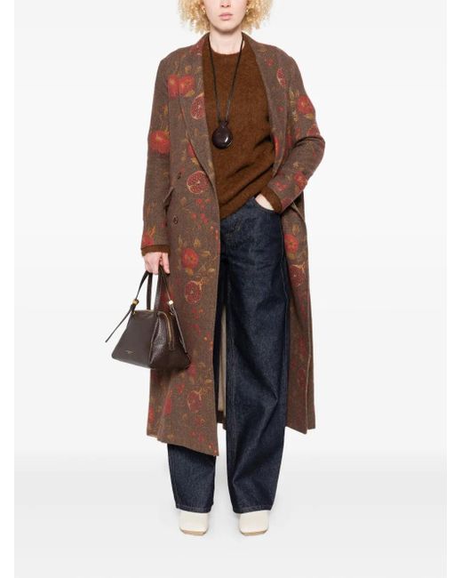 Uma Wang Brown Double-Breasted Coat With Pomegranate Print