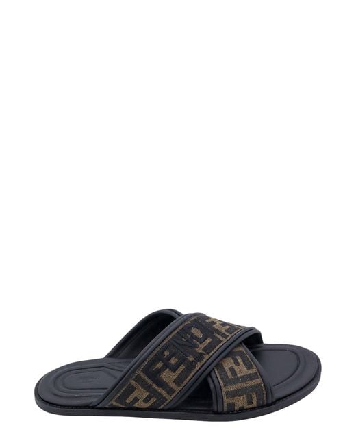 Fendi Black Ff Canvas & Leather Sandal for men