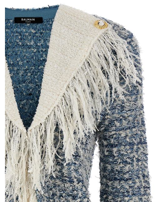 Fringed Tweed Jacket Blazer And Suits Celeste di Balmain in Blue