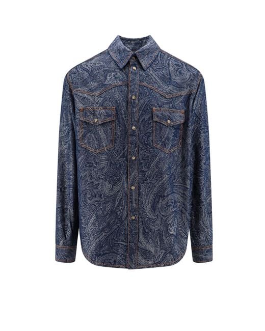 Camicia in cotone e lino con stampa iconica di Etro in Blue da Uomo