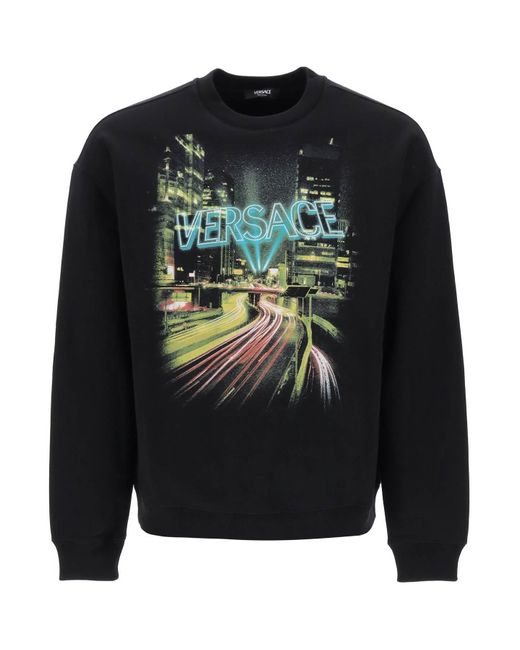 Versace Black Crew-neck Sweatshirt With City Lights Print for men
