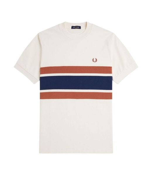 Fred Perry White Cotton T-Shirt With Striped Motif for men