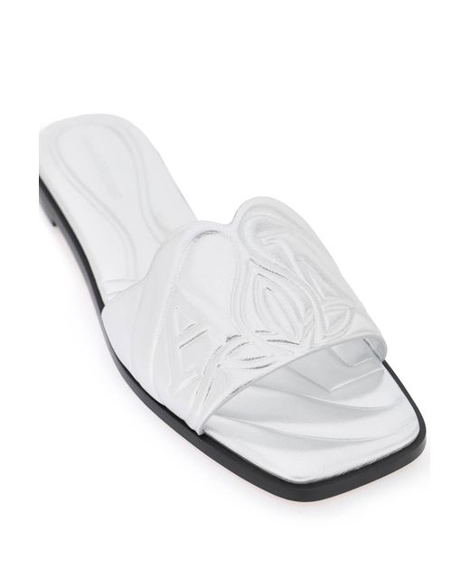 Alexander McQueen White Laminated Leather Slides With Embossed Seal Logo